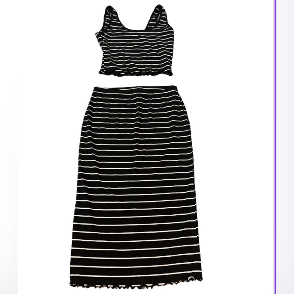 Striped Black & White Knit Skirt Set — Crop Tank and Midi Skirt